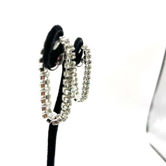 Rhinestone Hoop Earrings Linked 2” 3 Row Evening Elegant Earrings Vintage - Picture 5 of 12